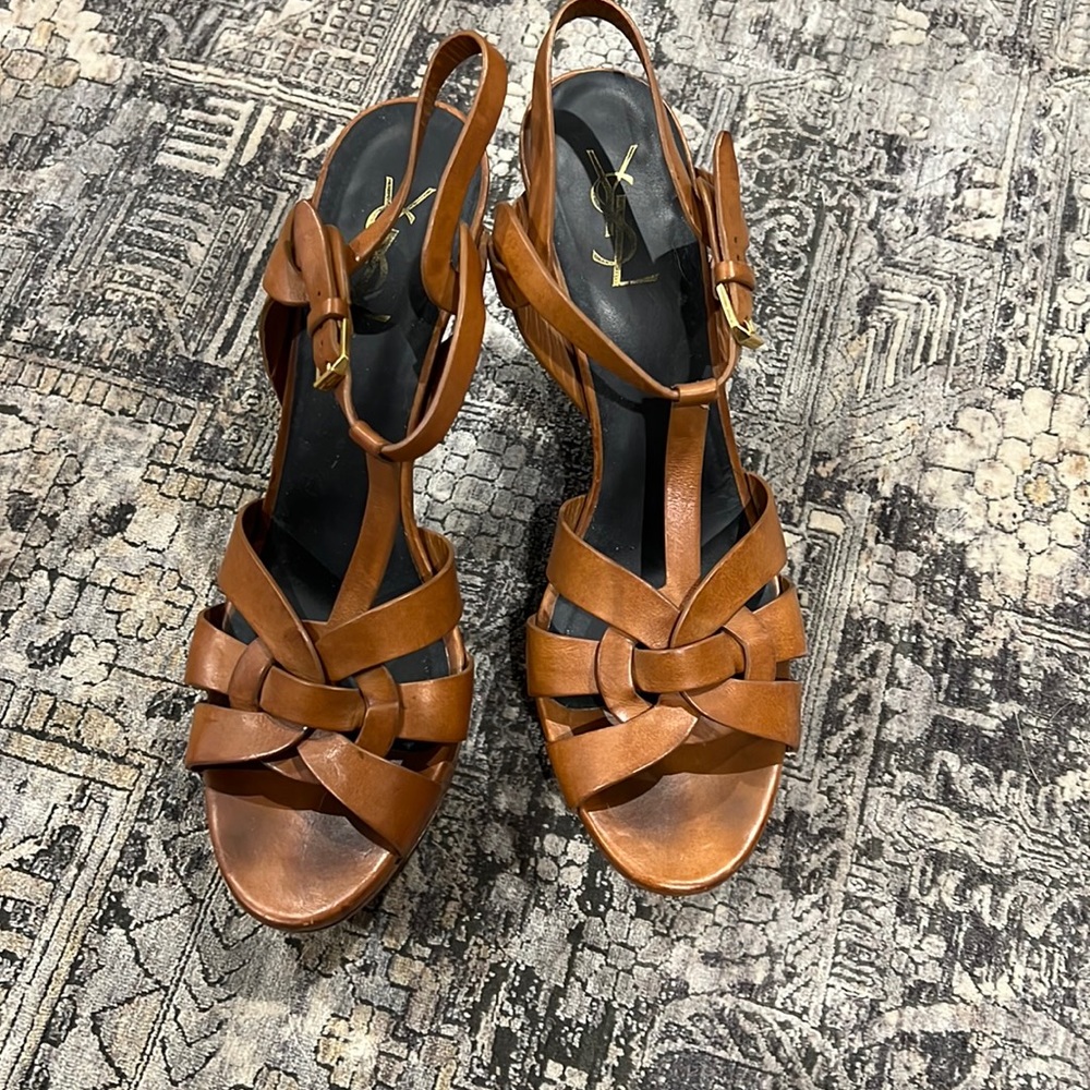 Yves Saint Laurent Tan Brown Leather Knot Platform Sandals